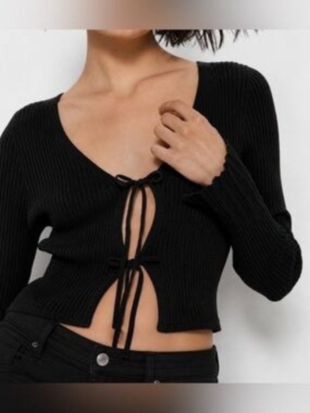 Urban Outfitters Y2K Black Ribbed Sexy Cropped Bell Sleeve Cardigan